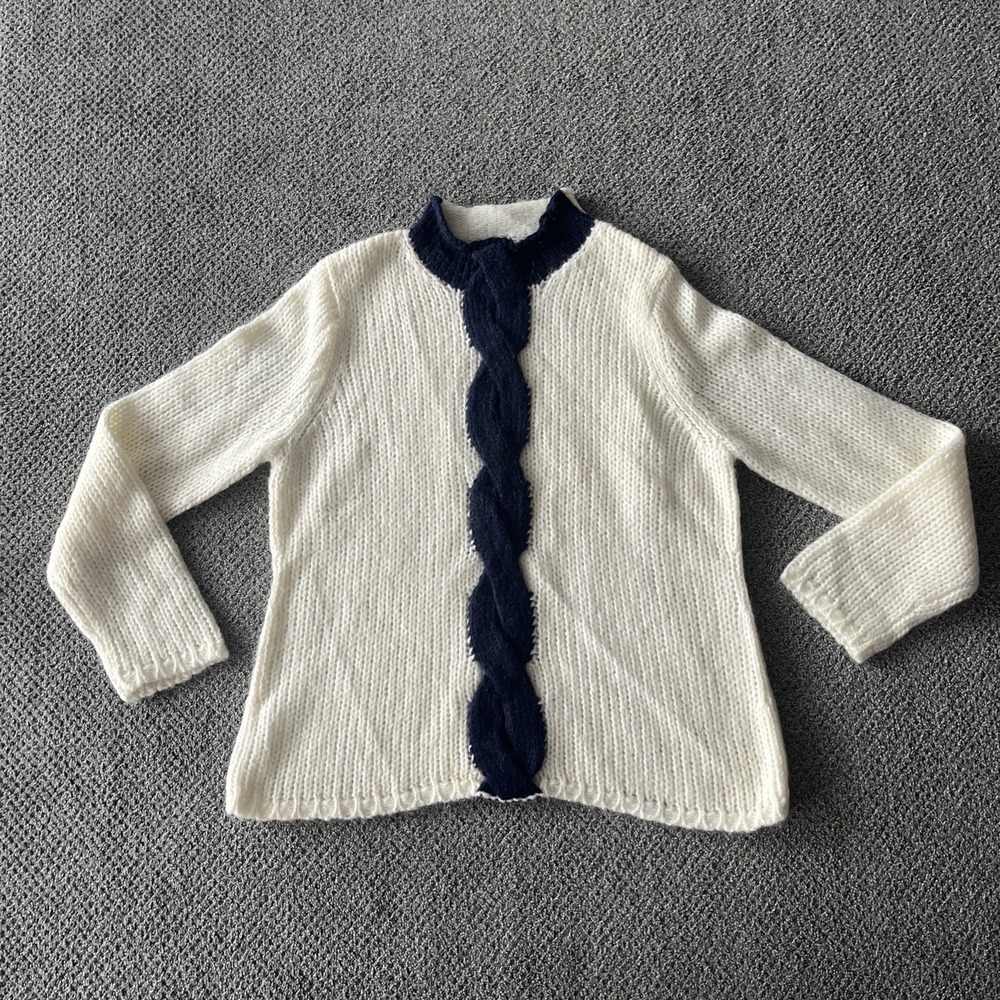 L L Bean Cream And Navy Mohair, Wool Cable Knit Roll Neck Nautical Sweater. XL